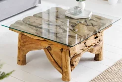 Maritimer Couchtisch RIVERSIDE 80cm natur Teakholz massiv Glasplatte Handarbeit