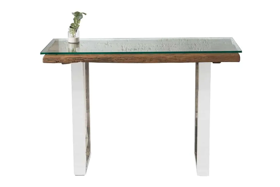 Massive Konsole BARRACUDA 120cm Teak mit Stahl Kufenfüßen inkl. Glasplatte