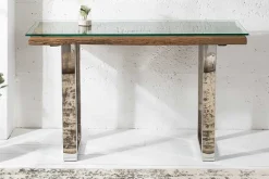 Massive Konsole BARRACUDA 120cm Teak mit Stahl Kufenfüßen inkl. Glasplatte