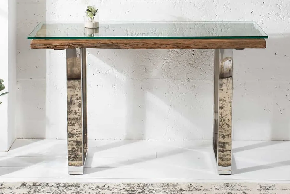Massive Konsole BARRACUDA 120cm Teak mit Stahl Kufenfüßen inkl. Glasplatte