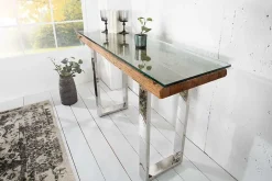 Massive Konsole BARRACUDA 120cm Teak mit Stahl Kufenfüßen inkl. Glasplatte