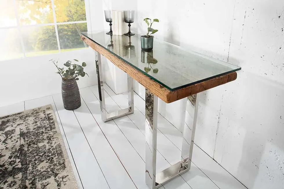 Massive Konsole BARRACUDA 120cm Teak mit Stahl Kufenfüßen inkl. Glasplatte