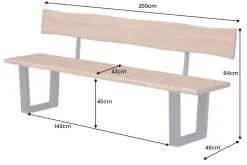 Massive Sitzbank GENESIS 200cm braun Akazienholz mit Rückenlehne Baumkante