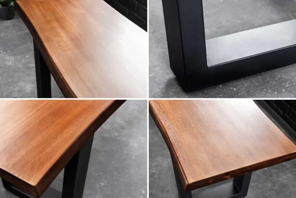 Massive Sitzbank GENESIS 160cm braun Akazienholz schwarz Metallgestell Baumkante
