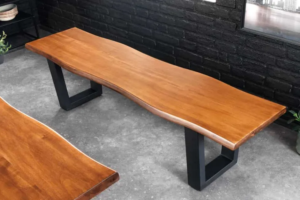 Massive Sitzbank GENESIS 160cm braun Akazienholz schwarz Metallgestell Baumkante