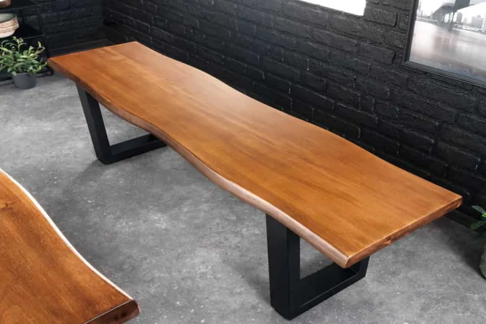 Massive Sitzbank GENESIS 160cm braun Akazienholz schwarz Metallgestell Baumkante
