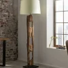 Massive Stehlampe BARRACUDA 177cm natur Akazienholz Baumwollschirm weiß Baumstamm