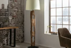 Massive Stehlampe BARRACUDA 177cm natur Akazienholz Baumwollschirm weiß Baumstamm