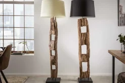 Massive Stehlampe BARRACUDA 177cm natur Akazie Baumwollschirm schwarz Baumstamm