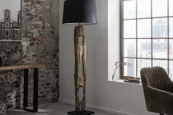 Massive Stehlampe BARRACUDA 177cm natur Akazie Baumwollschirm schwarz Baumstamm