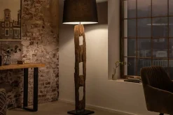 Massive Stehlampe BARRACUDA 177cm natur Akazie Baumwollschirm schwarz Baumstamm