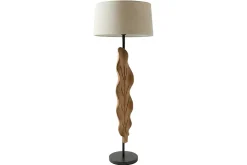 Massive Stehlampe LEAF 130cm weiß natur Teakholz Blatt-Design mit Stoffschirm
