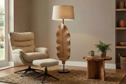 Massive Stehlampe LEAF 130cm weiß natur Teakholz Blatt-Design mit Stoffschirm