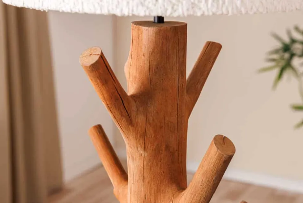 Massive Tischlampe JEWELRY 60cm natur Mangostanholz weißer Stoffschirm