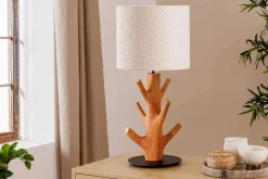Massive Tischlampe JEWELRY 60cm natur Mangostanholz weißer Stoffschirm