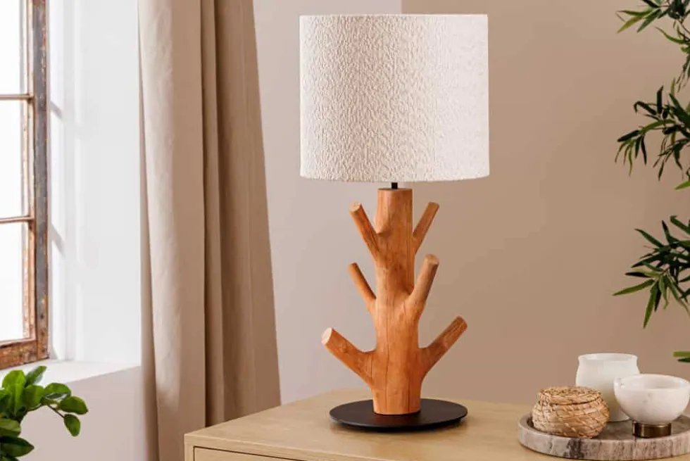 Massive Tischlampe JEWELRY 60cm natur Mangostanholz weißer Stoffschirm