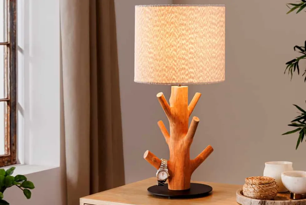 Massive Tischlampe JEWELRY 60cm natur Mangostanholz weißer Stoffschirm