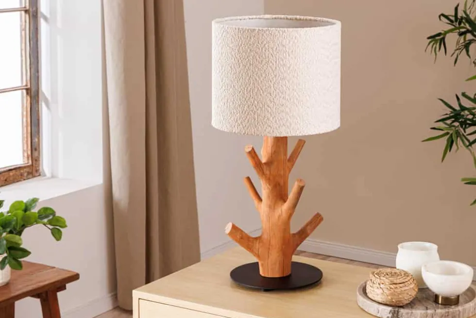 Massive Tischlampe JEWELRY 60cm natur Mangostanholz weißer Stoffschirm