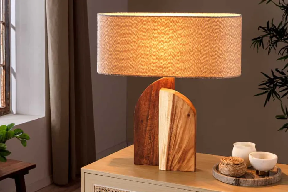Massive Tischlampe LOVERS 60cm natur Regenbaumholz weißer Stoffschirm
