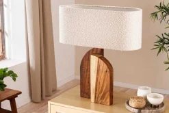 Massive Tischlampe LOVERS 60cm natur Regenbaumholz weißer Stoffschirm