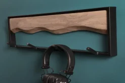 Massive Wandgarderobe AMAZONAS 60cm Mangoholz Metall schwarz mit 4 Kleiderhaken