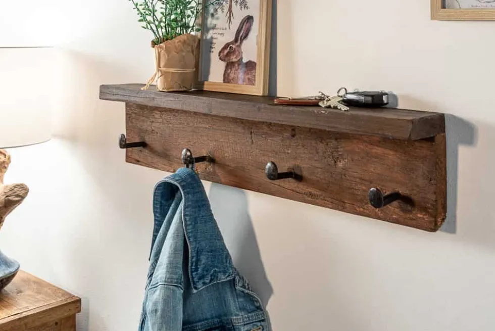 Massive Wandgarderobe HEMINGWAY 60cm natur recyceltes Teakholz mit Ablage