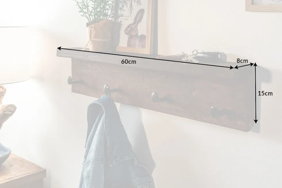 Massive Wandgarderobe HEMINGWAY 60cm natur recyceltes Teakholz mit Ablage