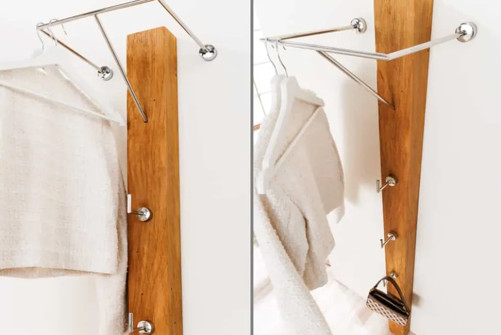 Massive Wandgarderobe JAVA 185cm recyceltes Teakholz mit drei Kleiderhaken