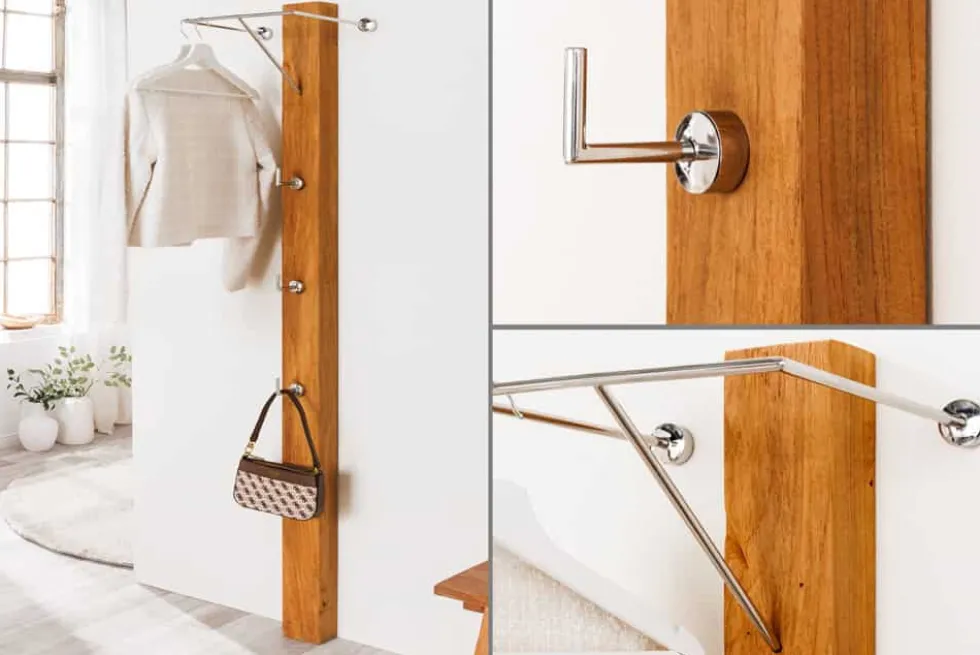 Massive Wandgarderobe JAVA 185cm recyceltes Teakholz mit drei Kleiderhaken