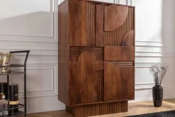 Massiver Barschrank ART DECO 140cm braun Mangoholz 3D-Front Highboard Flaschenregal