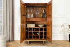 Massiver Barschrank GATSBY 140cm braun Mangoholz gold Metallgestell Retro