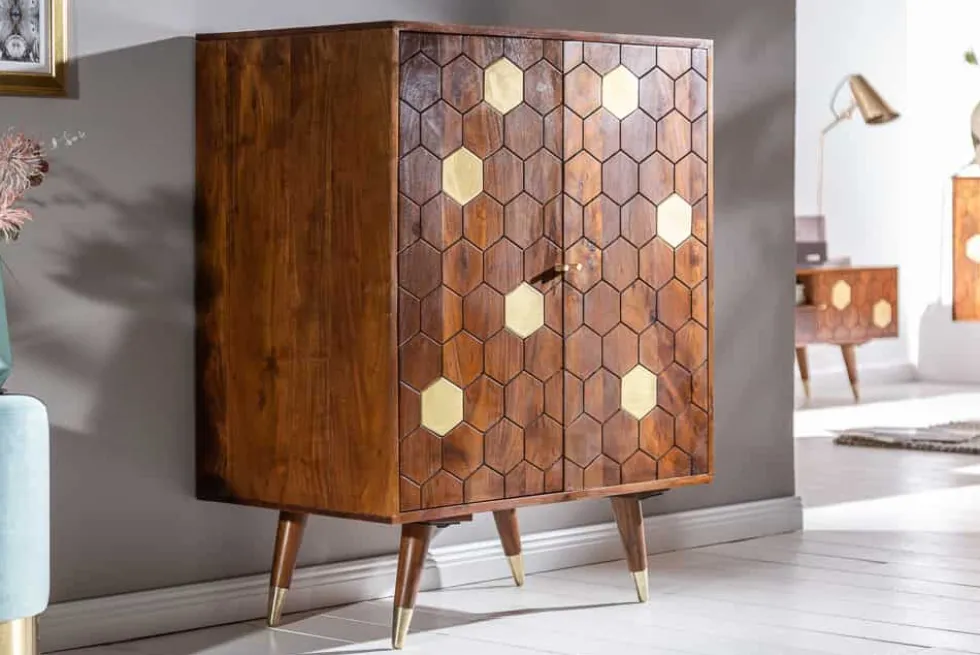 Massiver Barschrank MYSTIC LIVING 75cm Akazie braun gold Retro Design