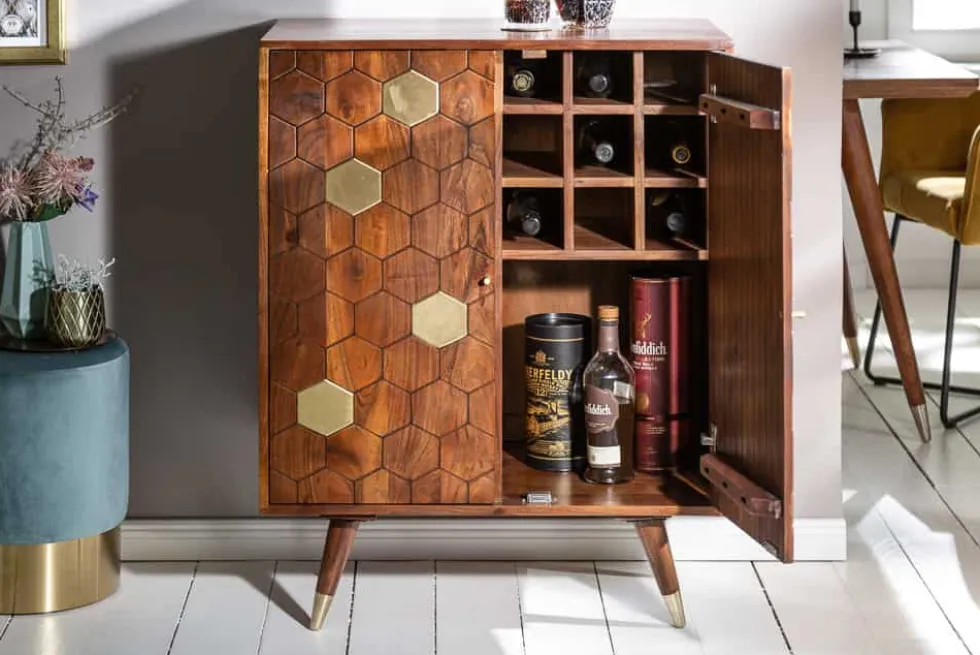 Massiver Barschrank MYSTIC LIVING 75cm Akazie braun gold Retro Design