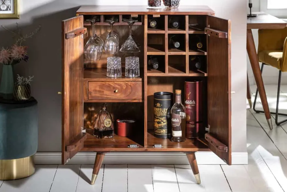 Massiver Barschrank MYSTIC LIVING 75cm Akazie braun gold Retro Design