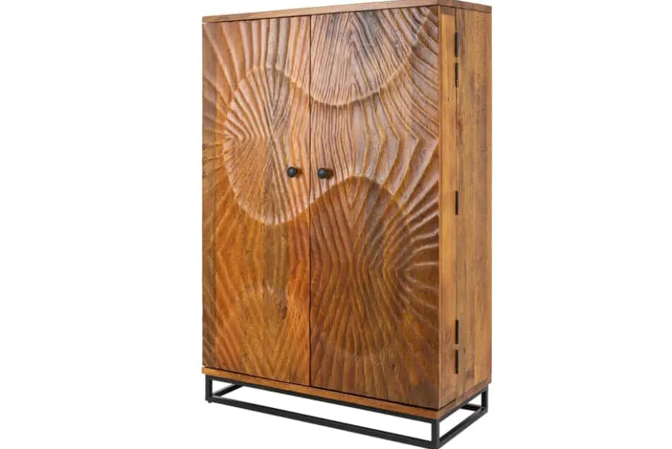 Massiver Barschrank SCORPION 141cm braun Mangoholz aufwendige 3D Schnitzereien