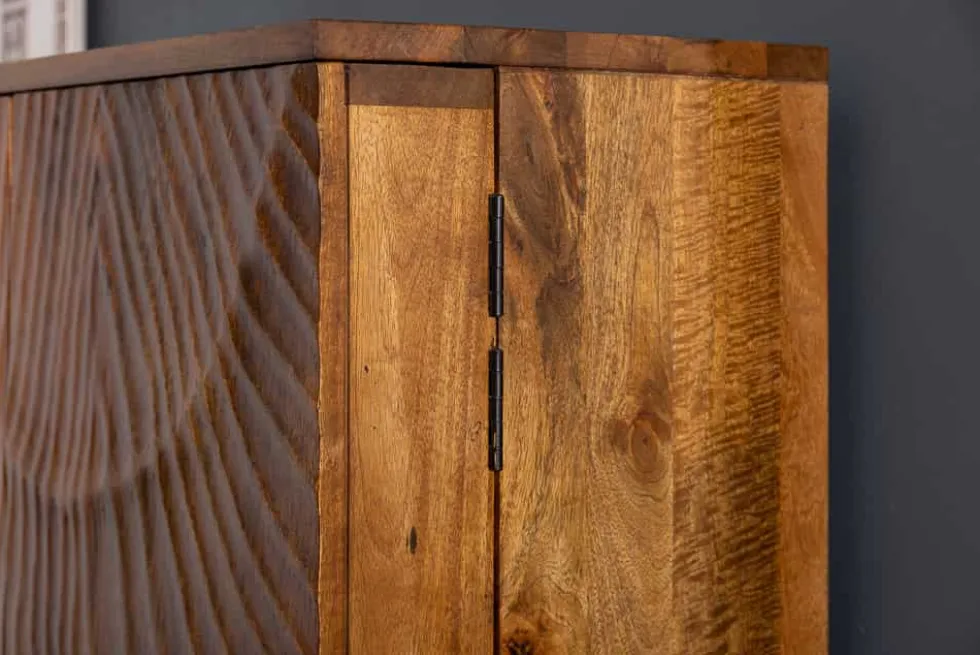 Massiver Barschrank SCORPION 141cm braun Mangoholz aufwendige 3D Schnitzereien