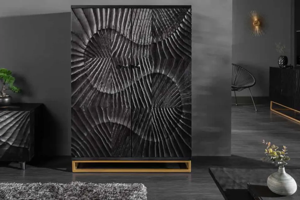 Massiver Barschrank SCORPION 141cm schwarz Mangoholz mit 3D Schnitzereien