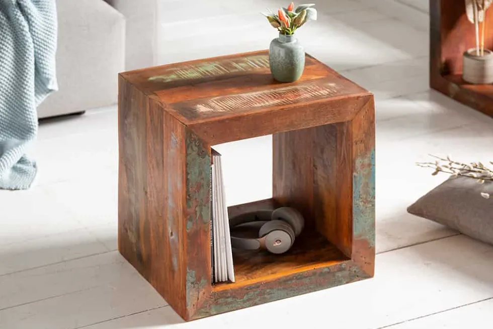 Massiver Beistelltisch JAKARTA 45cm bunt Cube aus recyceltem Holz Regal