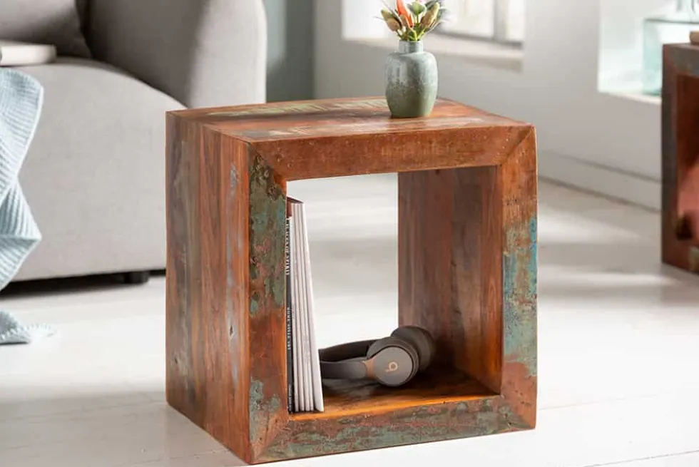 Massiver Beistelltisch JAKARTA 45cm bunt Cube aus recyceltem Holz Regal