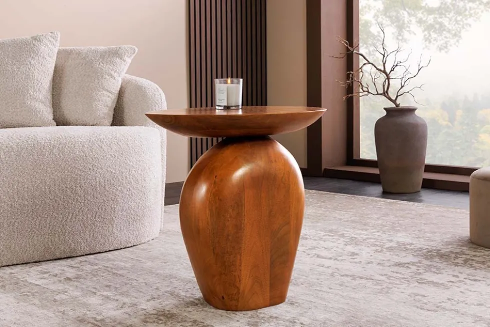 Massiver Beistelltisch ORGANIC 50cm braun Mangoholz oval Säulenfuß