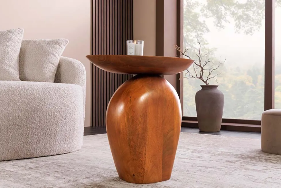 Massiver Beistelltisch ORGANIC 50cm braun Mangoholz oval Säulenfuß