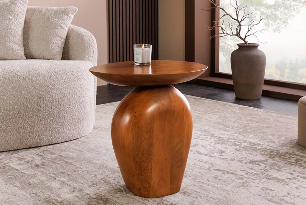 Massiver Beistelltisch ORGANIC 50cm braun Mangoholz oval Säulenfuß