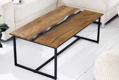 Massiver Couchtisch AMAZONAS 110cm Mangoholz Metall schwarz Baumkante Honey Finish