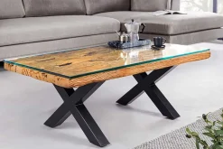 Massiver Couchtisch BARRACUDA 110cm antik natur Teakholz X-Gestell Glasplatte