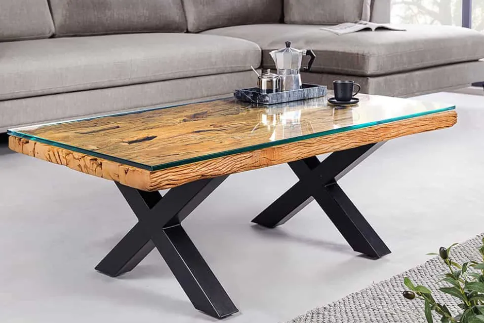 Massiver Couchtisch BARRACUDA 110cm antik natur Teakholz X-Gestell Glasplatte