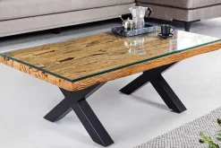 Massiver Couchtisch BARRACUDA 110cm antik natur Teakholz X-Gestell Glasplatte