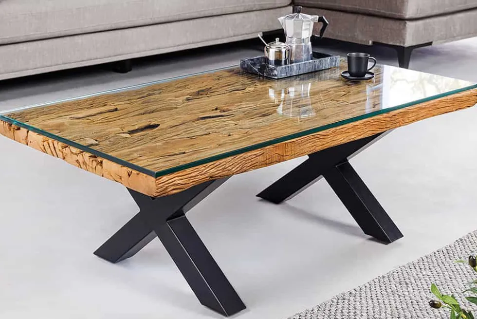 Massiver Couchtisch BARRACUDA 110cm antik natur Teakholz X-Gestell Glasplatte