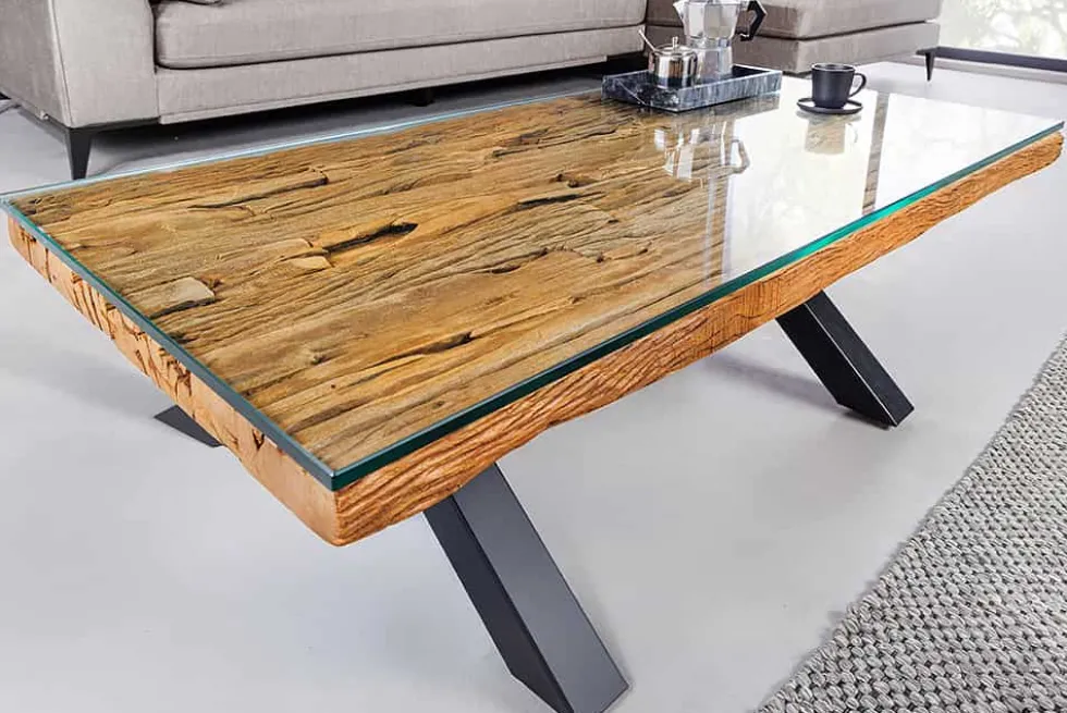 Massiver Couchtisch BARRACUDA 110cm antik natur Teakholz X-Gestell Glasplatte