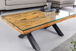 Massiver Couchtisch BARRACUDA 110cm antik natur Teakholz X-Gestell Glasplatte