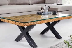 Massiver Couchtisch BARRACUDA 110cm antik natur Teakholz X-Gestell Glasplatte